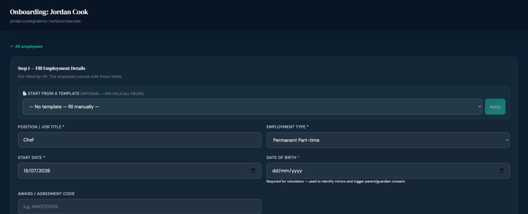Onboarding form pre-filled from a role template